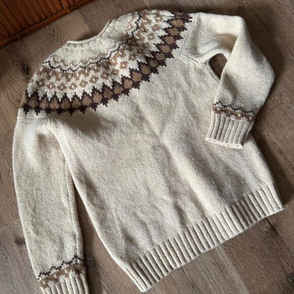 LL Bean Women’s Cream/Brown Fair Isle Crew Neck Sweater Size M - Picture 3 of 5